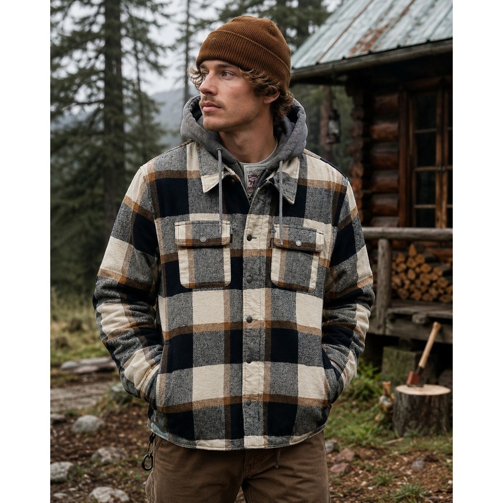 Levi's Sherpa Lined Flannel Hooded Adult XL Plaid Outdoors Mountain Jacket